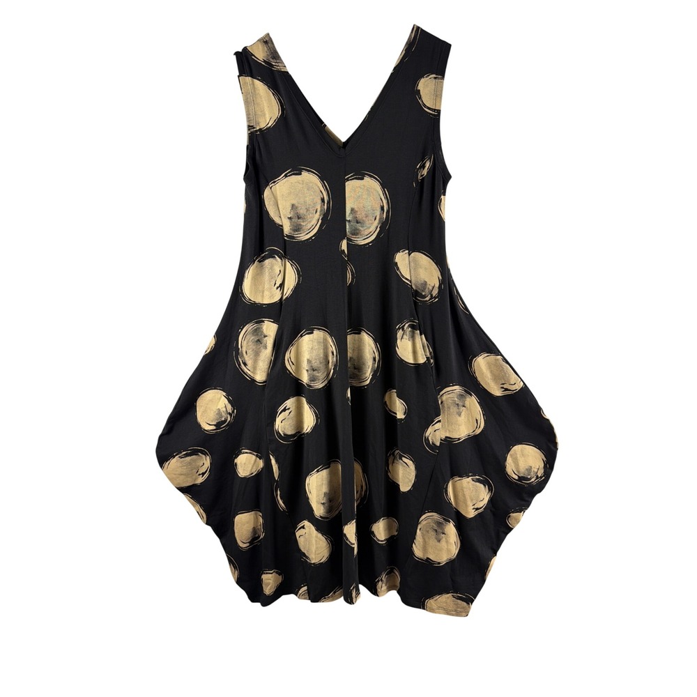 MxM Icelandic Design Dress M/L Black Gold Polka Dot‎ Lagenlook Balloon Handmade